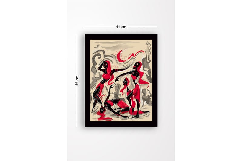 Inramad Canvastavla i trä - 41x56 cm - Dynamisk komposition med tre figurer i rörelse - Röd / Svart / Beige - Inredning - Tavlor & konst