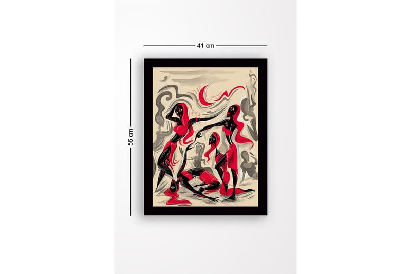 Inramad Canvastavla i trä - 41x56 cm - Dynamisk komposition med tre figurer i rörelse - Röd / Svart / Beige - Inredning - Tavlor & konst