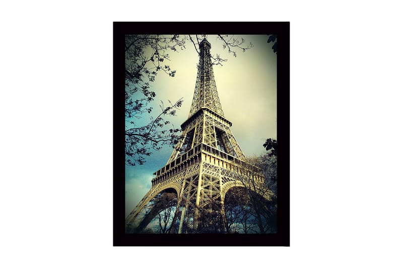 Inramad Canvastavla i trä - 41x56 cm - Eiffeltornet i majestätisk vinkel, Beige / Blå / Grön