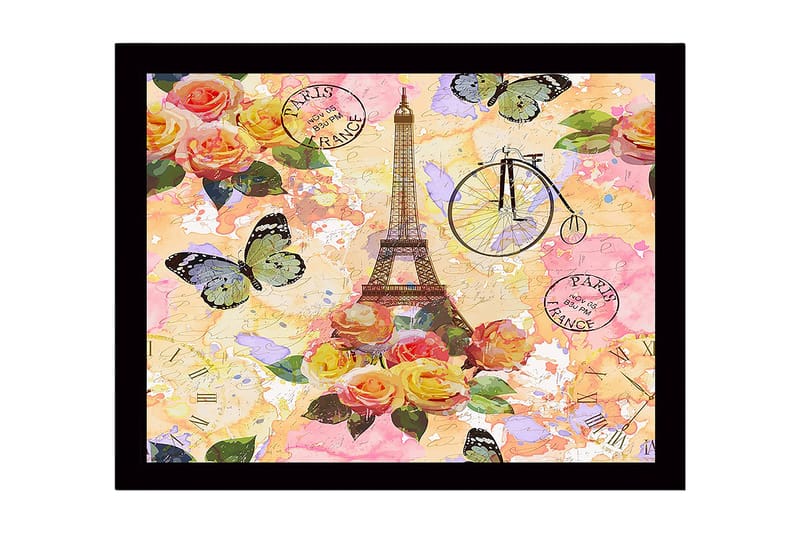 Inramad Canvastavla i trä - 41x56 cm - Eiffeltornet omgiven av färgrika blommor och fjärilar, Rosa / Gult / Grönt