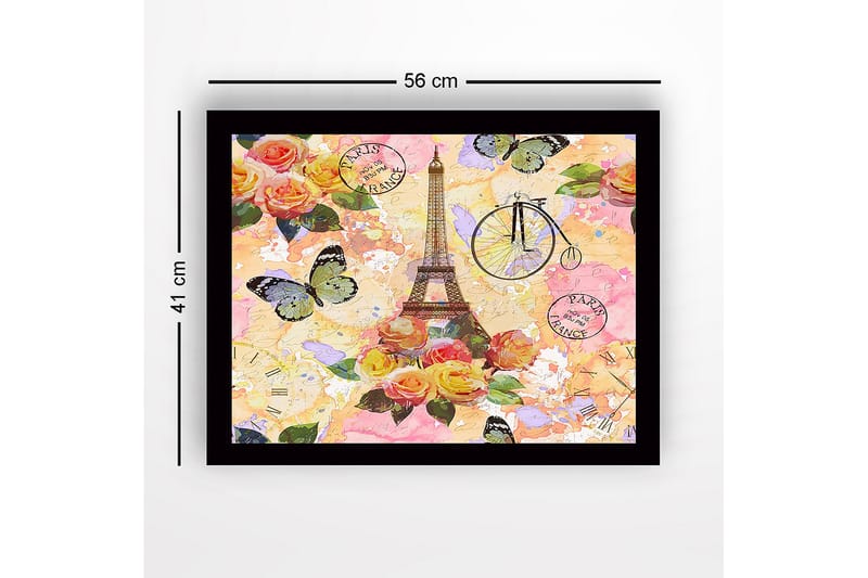 Inramad Canvastavla i trä - 41x56 cm - Eiffeltornet omgiven av färgrika blommor och fjärilar - Rosa / Gult / Grönt - Inredning - Tavlor & konst