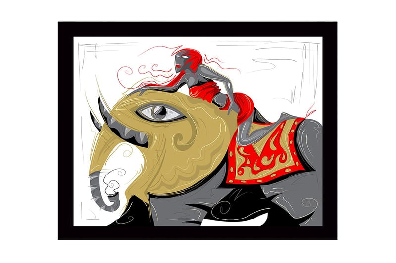 Inramad Canvastavla i trä - 41x56 cm - Elefant med en kvinna i röd klänning som rider på dess rygg - Guld / Röd / Svart - Inredning - Tavlor & konst