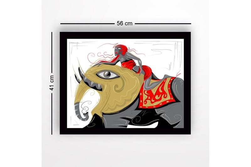 Inramad Canvastavla i trä - 41x56 cm - Elefant med en kvinna i röd klänning som rider på dess rygg - Guld / Röd / Svart - Inredning - Tavlor & konst