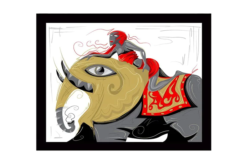 Inramad Canvastavla i trä - 41x56 cm - Elefant med en kvinna i röd klänning som rider på dess rygg - Guld / Röd / Svart - Inredning - Tavlor & konst