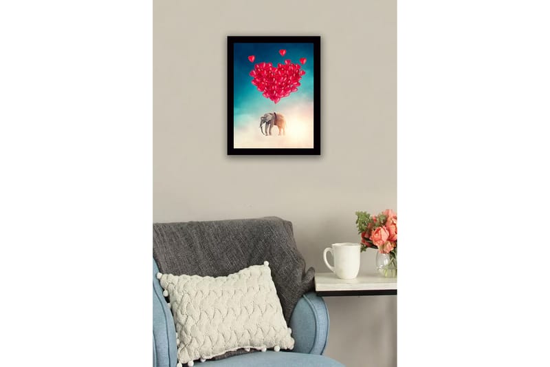 Inramad Canvastavla i trä - 41x56 cm - Elefant som svävar med hjärtformade ballonger - Röd / Grå / Turkos - Inredning - Tavlor & konst
