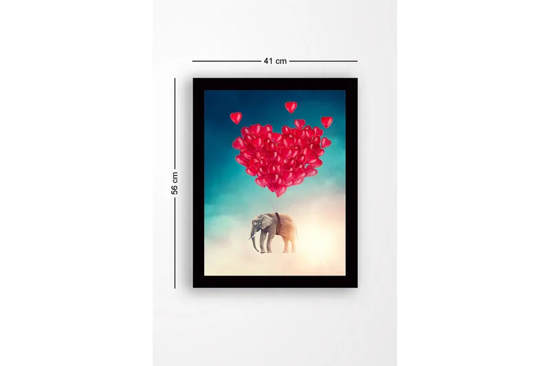 Inramad Canvastavla i trä - 41x56 cm - Elefant som svävar med hjärtformade ballonger - Röd / Grå / Turkos - Inredning - Tavlor & konst