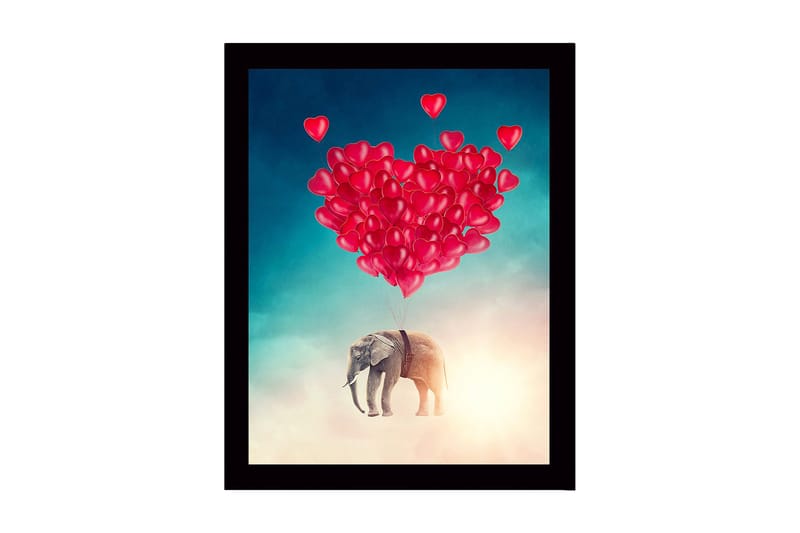 Inramad Canvastavla i trä - 41x56 cm - Elefant som svävar med hjärtformade ballonger, Röd / Grå / Turkos