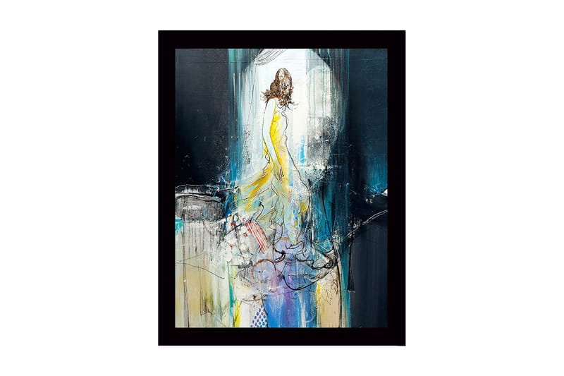 Inramad Canvastavla i trä - 41x56 cm - Elegant kvinna i en gul klänning som rör sig genom en drömlik miljö, Gul / Blå / Svart