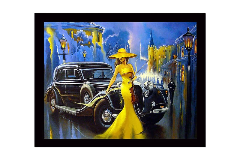 Inramad Canvastavla i trä - 41x56 cm - Elegant kvinna i gul klänning med fiol framför en klassisk bil i en stadsmiljö, Gul / Svart / Blå