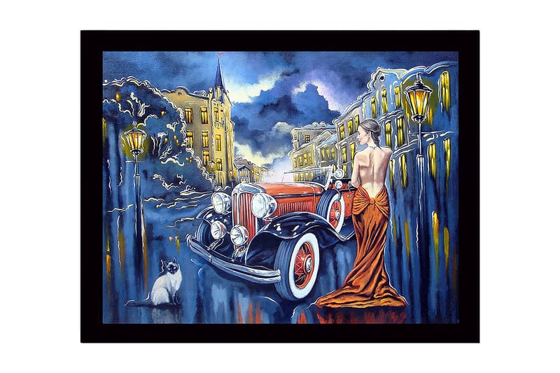 Inramad Canvastavla i trä - 41x56 cm - Elegant kvinna i röd klänning vid en klassisk bil i stadsmiljö, Röd / Svart / Blå