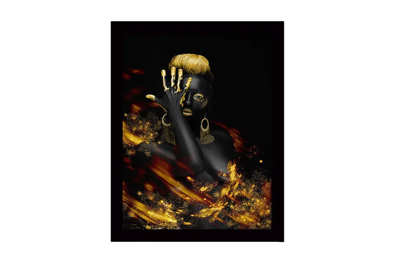 Inramad Canvastavla i trä - 41x56 cm - Elegant kvinna med guldiga detaljer och svart bakgrund, Svart / Guld