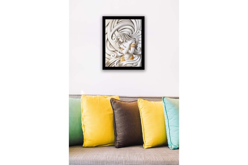 Inramad Canvastavla i trä - 41x56 cm - Elegant kvinna omgiven av svängande linjer - Vit / Guld / Grå - Inredning - Tavlor & konst