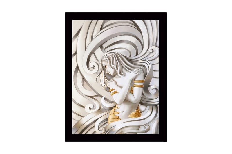 Inramad Canvastavla i trä - 41x56 cm - Elegant kvinna omgiven av svängande linjer, Vit / Guld / Grå