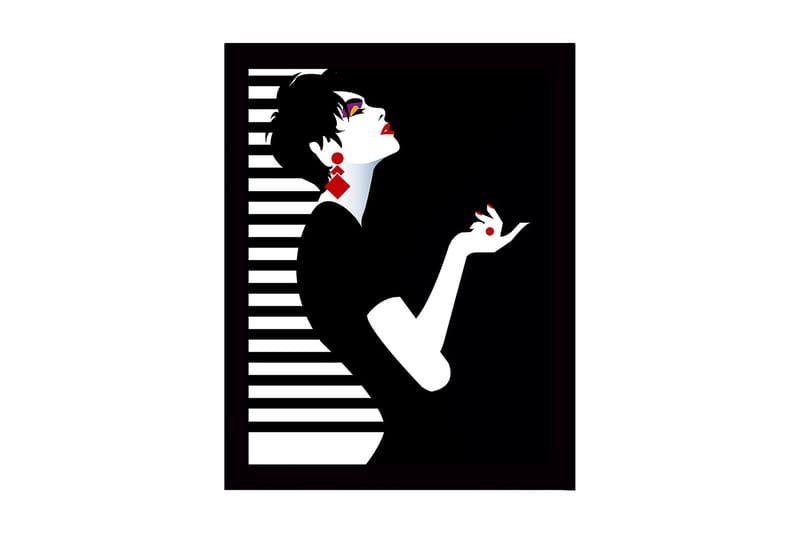 Inramad Canvastavla i trä - 41x56 cm - Elegant silhuett av en kvinna med dramatisk pose - Svart / Vit / Röd - Inredning - Tavlor & konst