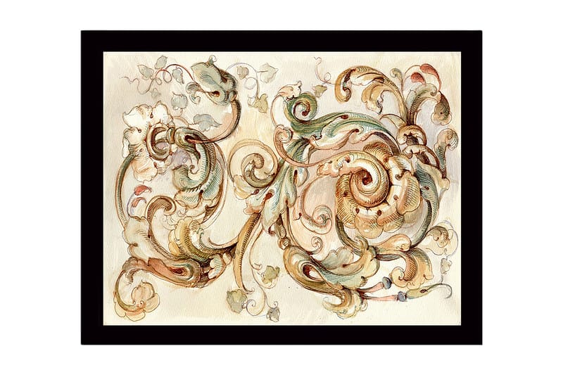 Inramad Canvastavla i trä - 41x56 cm - Eleganta snirklar och blommor i en harmonisk komposition - Ljusgrön / Beige / Brun - Inredning - Tavlor & konst