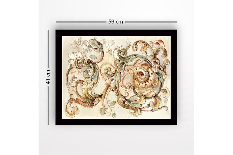 Inramad Canvastavla i trä - 41x56 cm - Eleganta snirklar och blommor i en harmonisk komposition - Ljusgrön / Beige / Brun - Inredning - Tavlor & konst