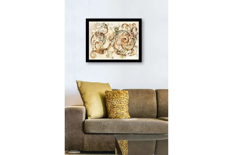 Inramad Canvastavla i trä - 41x56 cm - Eleganta snirklar och blommor i en harmonisk komposition - Ljusgrön / Beige / Brun - Inredning - Tavlor & konst