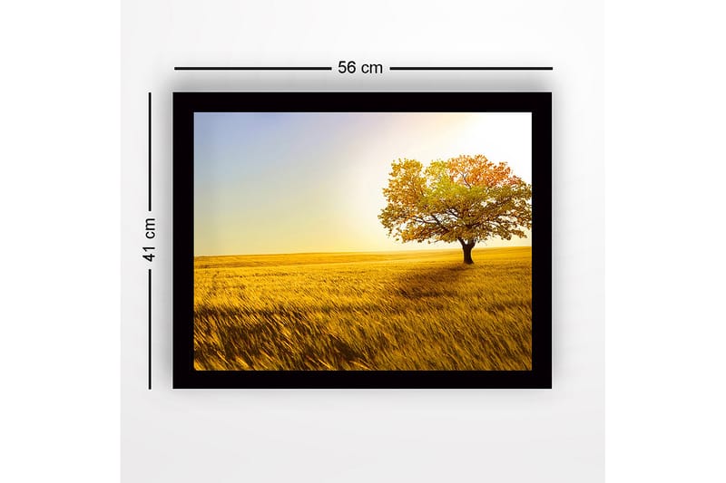 Inramad Canvastavla i trä - 41x56 cm - Ensam höstträd i ett gyllene fält - Guld / Grön / Orange - Inredning - Tavlor & konst