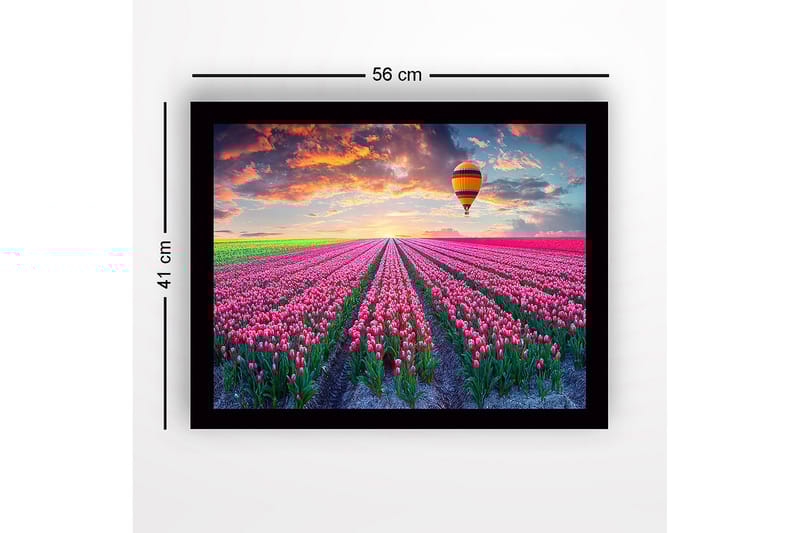 Inramad Canvastavla i trä - 41x56 cm - Fält av färgglada tulpaner under en ballong i solnedgången - Rosa / Grön / Orange - Inredning - Tavlor & konst