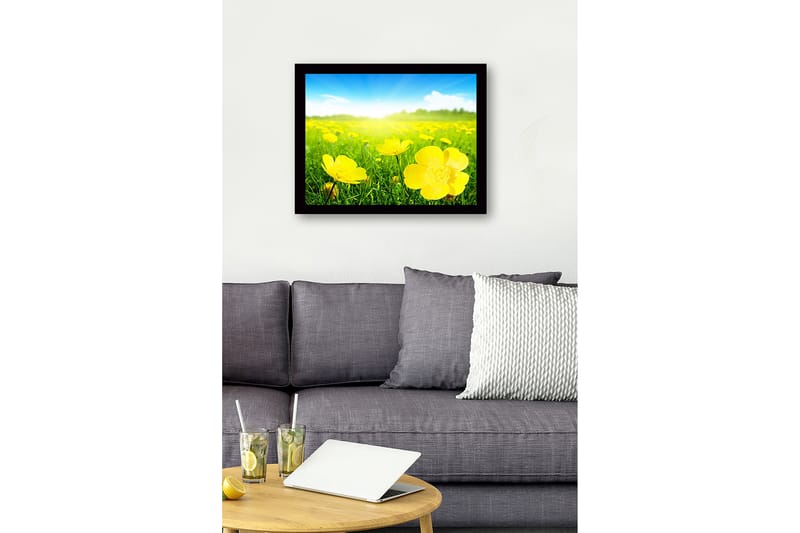 Inramad Canvastavla i trä - 41x56 cm - Fält av gula blommor i soligt landskap - Gul / Grön - Inredning - Tavlor & konst