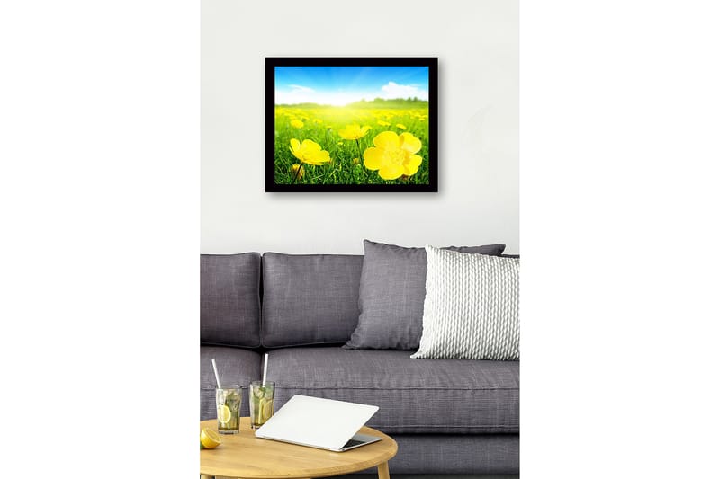 Inramad Canvastavla i trä - 41x56 cm - Fält av gula blommor i soligt landskap - Gul / Grön - Inredning - Tavlor & konst