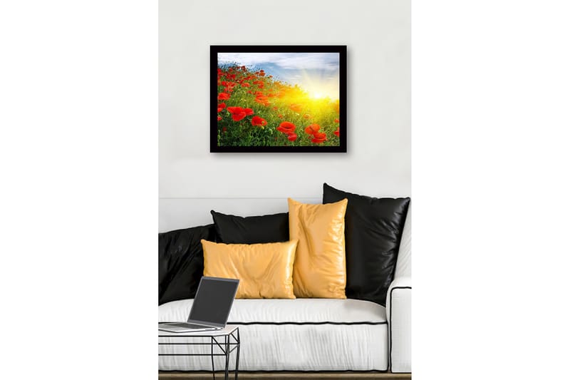 Inramad Canvastavla i trä - 41x56 cm - Fält av röda vallmo i soluppgångens ljus - Röd / Grön / Gul - Inredning - Tavlor & konst