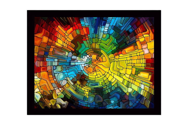 Inramad Canvastavla i trä - 41x56 cm - Färgglad abstrakt komposition med cirkulära mönster - Blå / Grön / Orange - Inredning - Tavlor & konst