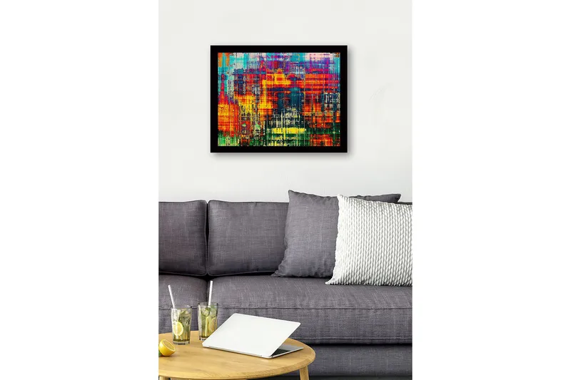 Inramad Canvastavla i trä - 41x56 cm - Färgglad abstrakt komposition med vertikala linjer och mönster - Röd / Blå / Gul - Inredning - Tavlor & konst