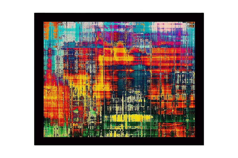 Inramad Canvastavla i trä - 41x56 cm - Färgglad abstrakt komposition med vertikala linjer och mönster - Röd / Blå / Gul - Inredning - Tavlor & konst