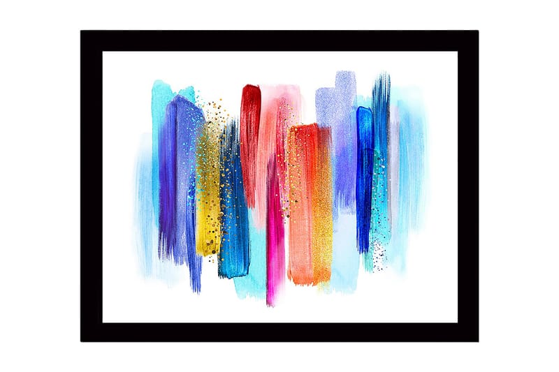 Inramad Canvastavla i trä - 41x56 cm - Färgglad abstrakt komposition med vertikala penseldrag - Blå / Röd / Gul - Inredning - Tavlor & konst