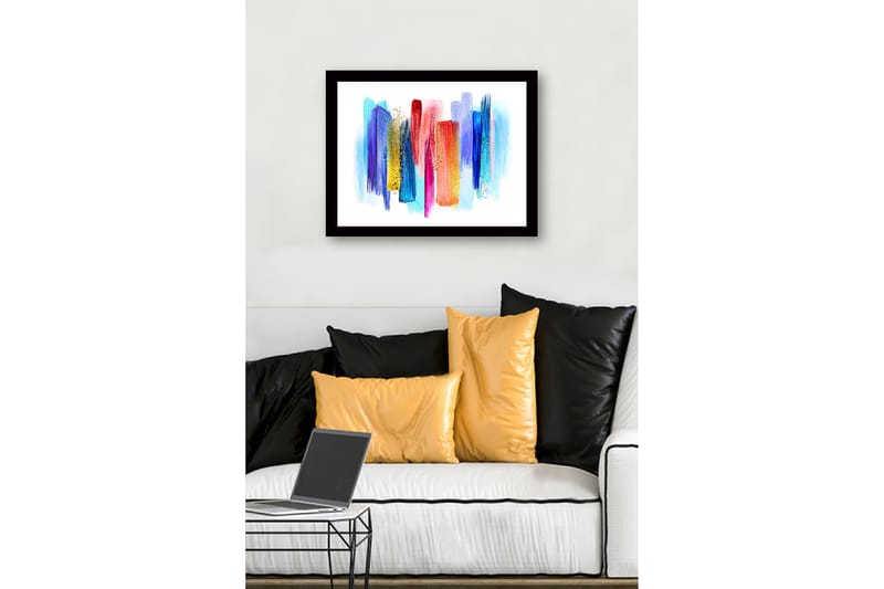 Inramad Canvastavla i trä - 41x56 cm - Färgglad abstrakt komposition med vertikala penseldrag - Blå / Röd / Gul - Inredning - Tavlor & konst