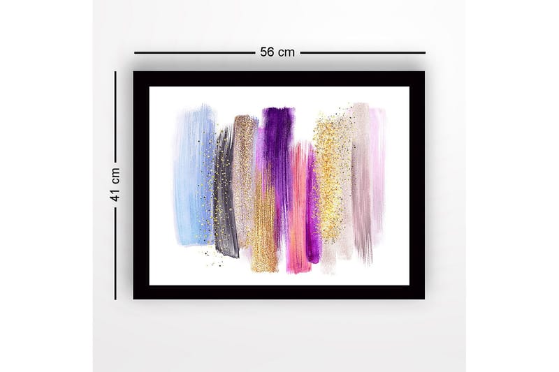 Inramad Canvastavla i trä - 41x56 cm - Färgglad abstrakt komposition med penseldrag och glittereffekter - Ljusblå / Lila / Guld - Inredning - Tavlor & konst