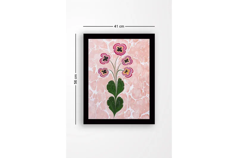 Inramad Canvastavla i trä - 41x56 cm - Färgglad blomsterbukett med stiliserade blommor - Rosa / Grön / Svart - Inredning - Tavlor & konst