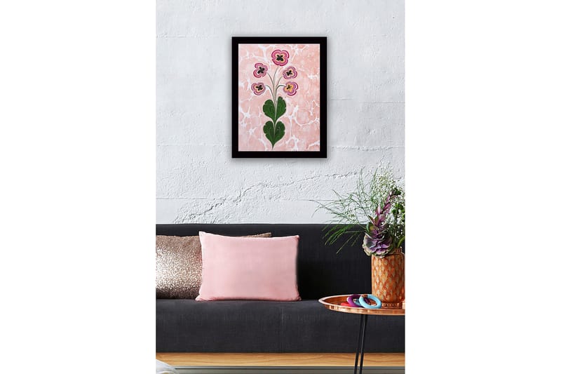 Inramad Canvastavla i trä - 41x56 cm - Färgglad blomsterbukett med stiliserade blommor - Rosa / Grön / Svart - Inredning - Tavlor & konst