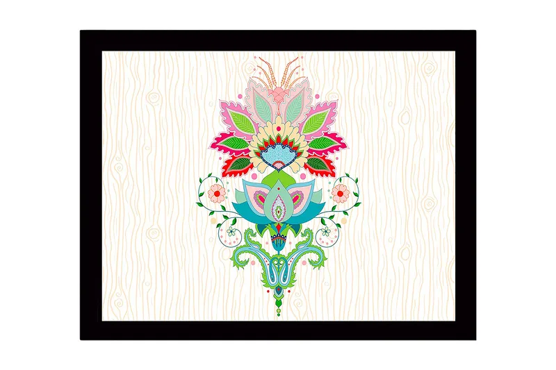 Inramad Canvastavla i trä - 41x56 cm - Färgglad blomsterdesign med detaljerade blad och mönster, Rosa / Grön / Blå