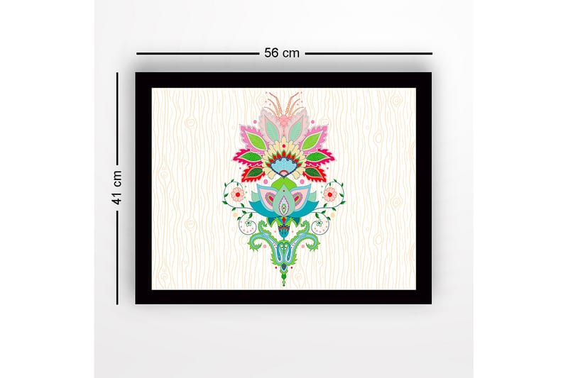Inramad Canvastavla i trä - 41x56 cm - Färgglad blomsterdesign med detaljerade blad och mönster - Rosa / Grön / Blå - Inredning - Tavlor & konst