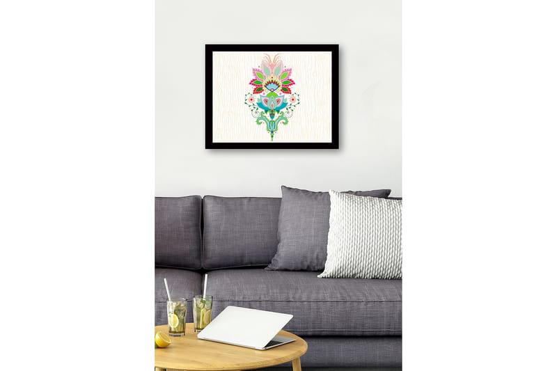 Inramad Canvastavla i trä - 41x56 cm - Färgglad blomsterdesign med detaljerade blad och mönster - Rosa / Grön / Blå - Inredning - Tavlor & konst