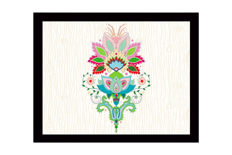 Inramad Canvastavla i trä - 41x56 cm - Färgglad blomsterdesign med detaljerade blad och mönster, Rosa / Grön / Blå