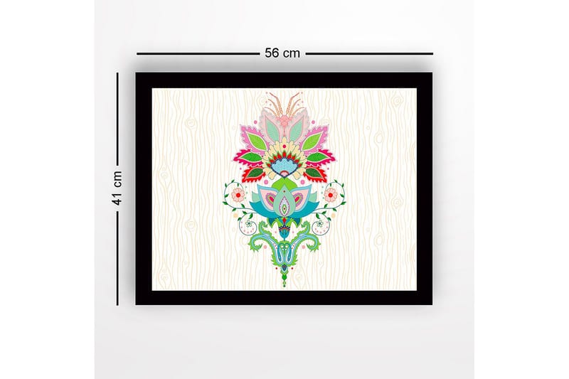 Inramad Canvastavla i trä - 41x56 cm - Färgglad blomsterdesign med detaljerade blad och mönster - Rosa / Grön / Blå - Inredning - Tavlor & konst