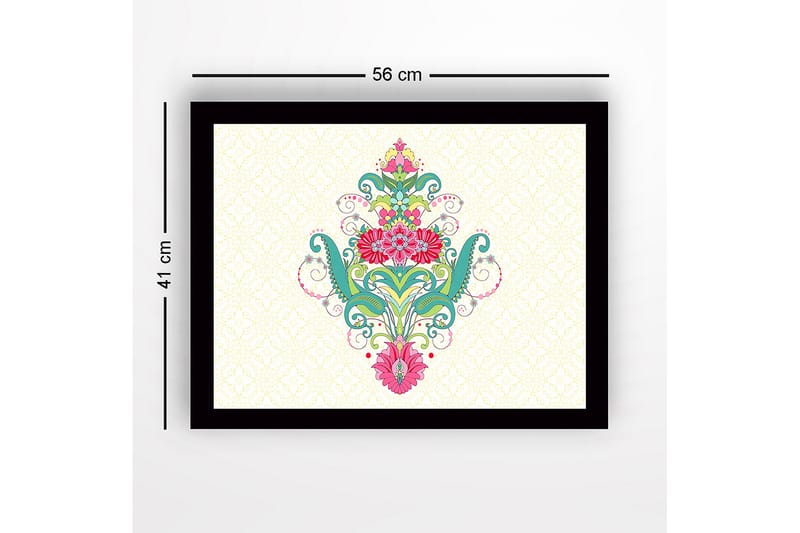Inramad Canvastavla i trä - 41x56 cm - Färgglad blomsterdesign med spiraler och ornamentala detaljer - Grön / Rosa / Turkos - Inredning - Tavlor & konst