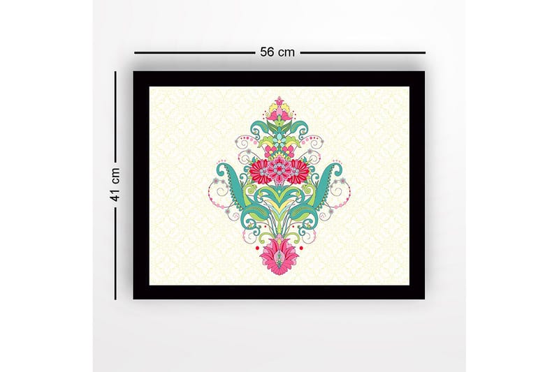 Inramad Canvastavla i trä - 41x56 cm - Färgglad blomsterdesign med spiraler och ornamentala detaljer - Grön / Rosa / Turkos - Inredning - Tavlor & konst