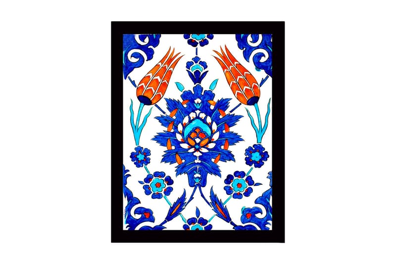 Inramad Canvastavla i trä - 41x56 cm - Färgglad blomsterdesign med stiliserade blommor och bladverk, Blå / Röd / Grön