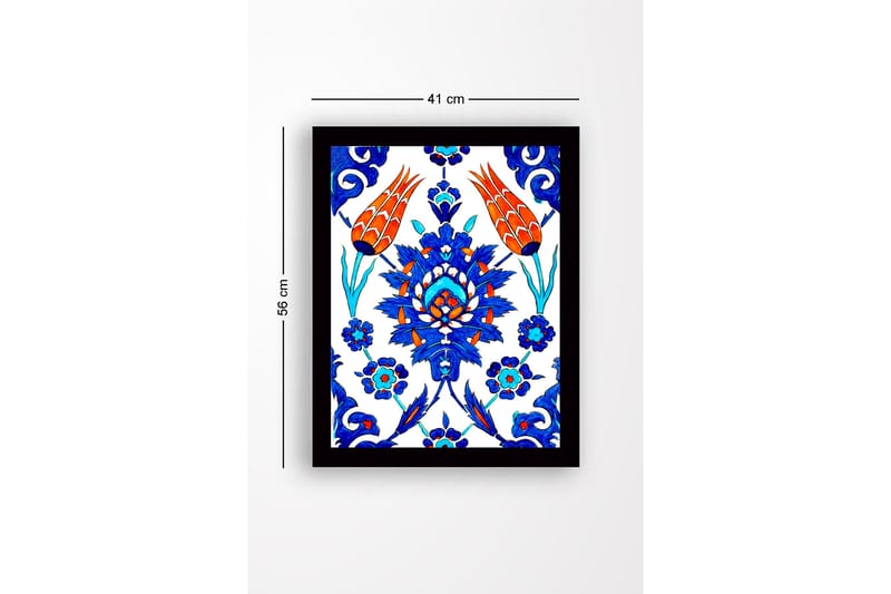 Inramad Canvastavla i trä - 41x56 cm - Färgglad blomsterdesign med stiliserade blommor och bladverk - Blå / Röd / Grön - Inredning - Tavlor & konst