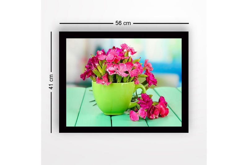 Inramad Canvastavla i trä - 41x56 cm - Färgglad bukett av blommor i en grön kopp - Grön / Rosa - Inredning - Tavlor & konst