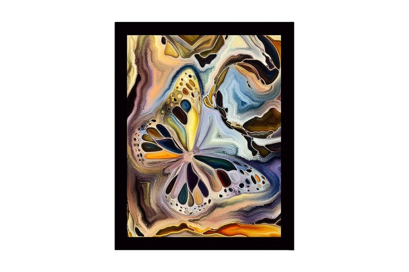 Inramad Canvastavla i trä - 41x56 cm - Färgglad fjäril i abstrakt komposition - Guld / Blå / Svart - Inredning - Tavlor & konst