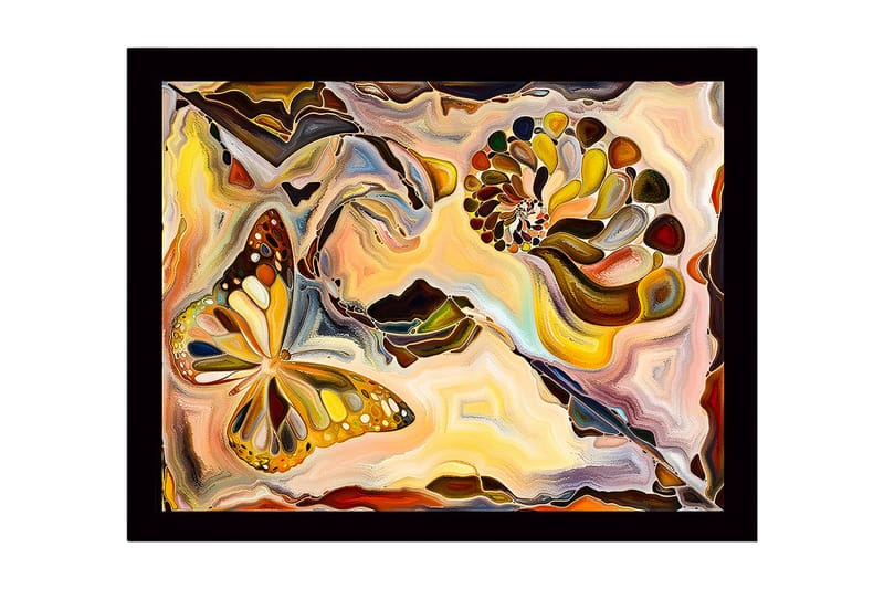 Inramad Canvastavla i trä - 41x56 cm - Färgglad fjäril i en abstrakt komposition med snäckformade element - Guld / Orange / Brun - Inredning - Tavlor & konst