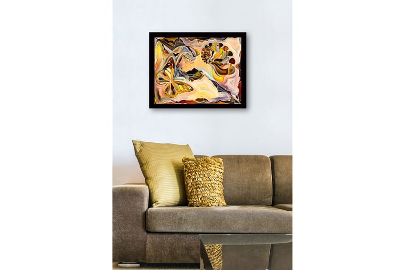 Inramad Canvastavla i trä - 41x56 cm - Färgglad fjäril i en abstrakt komposition med snäckformade element - Guld / Orange / Brun - Inredning - Tavlor & konst