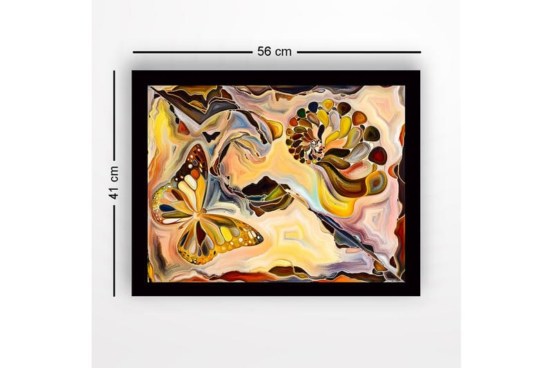 Inramad Canvastavla i trä - 41x56 cm - Färgglad fjäril i en abstrakt komposition med snäckformade element - Guld / Orange / Brun - Inredning - Tavlor & konst