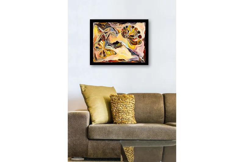Inramad Canvastavla i trä - 41x56 cm - Färgglad fjäril i en abstrakt komposition med snäckformade element - Guld / Orange / Brun - Inredning - Tavlor & konst