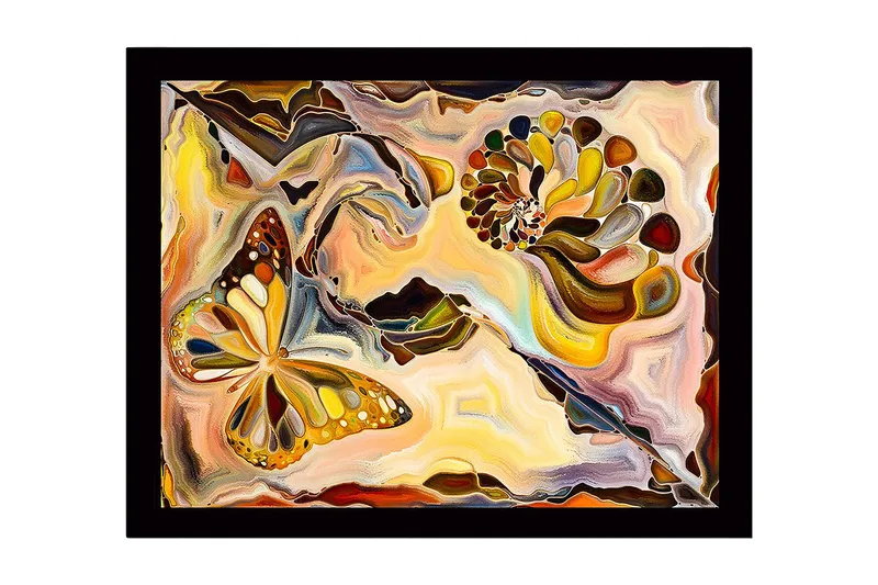 Inramad Canvastavla i trä - 41x56 cm - Färgglad fjäril i en abstrakt komposition med snäckformade element - Guld / Orange / Brun - Inredning - Tavlor & konst